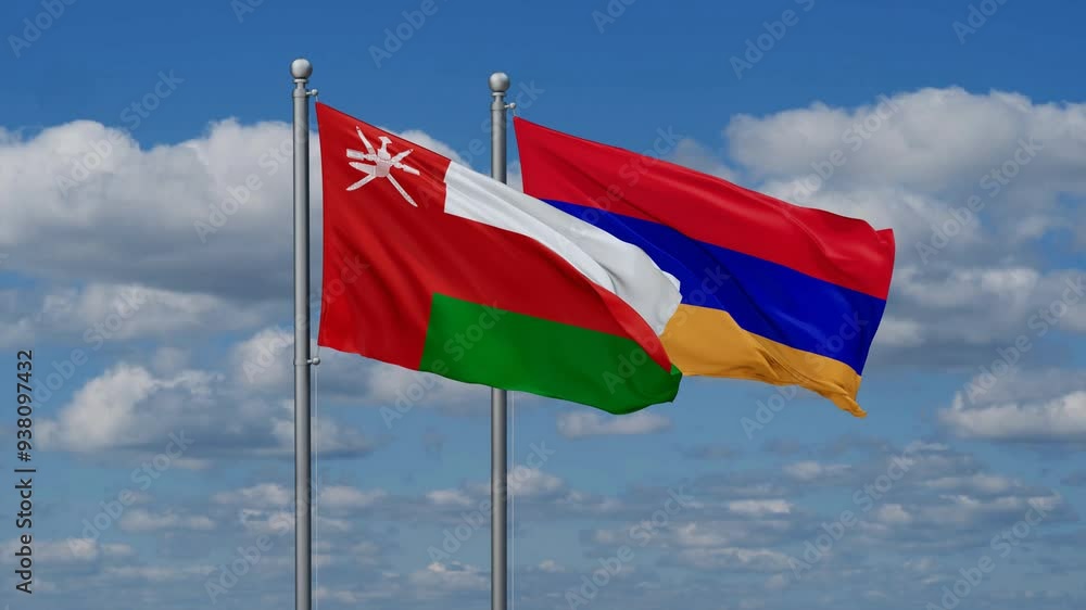 Armenia and Oman flags flying together, video concept of the relationship, two country cooperation concept Armenia and Oman flags flying together, video concept of the relationship, two country cooperation concept