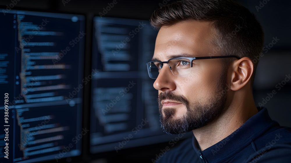 Obraz premium A focused man in glasses analyzing data on multiple screens, showcasing modern technology and concentration in a dark environment.