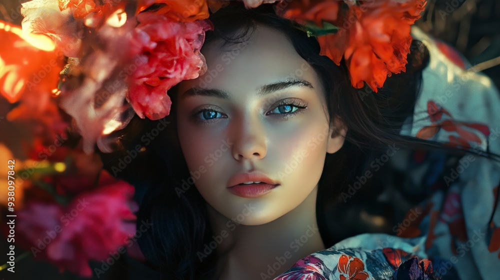 A young woman with blue eyes lies in a field of flowers, her face illuminated by the sun. A young woman with blue eyes lies in a field of flowers, her face illuminated by the sun.