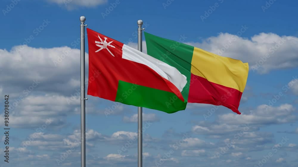 Oman and Benin flags flying together, video concept of the relationship Oman and Benin flags flying together, video concept of the relationship