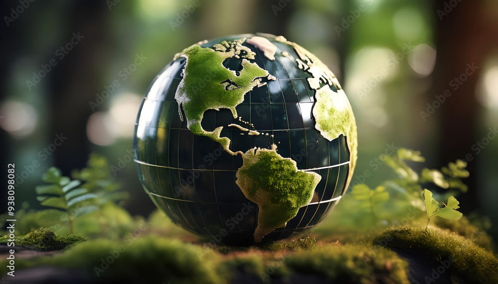A vibrant globe showing details of North and South America surrounded by lush greenery and moss in a forest setting A vibrant globe showing details of North and South America surrounded by lush greenery and moss in a forest setting