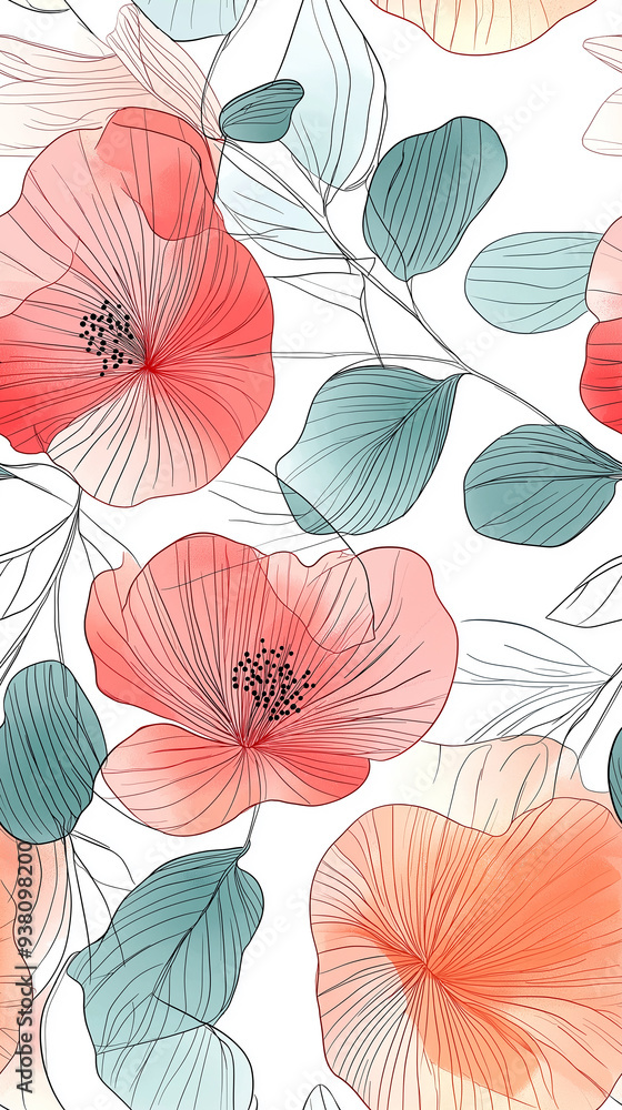Obraz premium A delicate seamless pattern with hand-drawn flowers and leaves in soft, muted pastel colors on a white background, evoking a serene and elegant atmosphere.