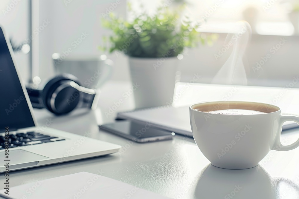 A cup of steaming coffee sits on a white desk with a laptop, headphones, and a notebook. Sunlight streams through a nearby window. A cup of steaming coffee sits on a white desk with a laptop, headphones, and a notebook. Sunlight streams through a nearby window.