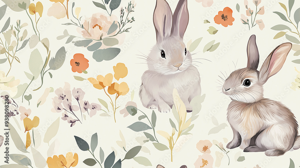 A whimsical seamless pattern with rabbits and flowers in soft, muted tones, creating a delicate and charming design, perfect for spring or nursery decor. A whimsical seamless pattern with rabbits and flowers in soft, muted tones, creating a delicate and charming design, perfect for spring or nursery decor.
