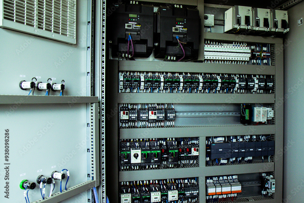 Inside view of an advanced control panel within an industrial facility, featuring various circuit breakers and switches. Essential for managing complex operations.