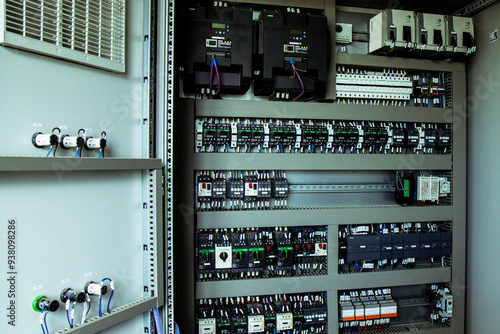 Inside view of an advanced control panel within an industrial facility, featuring various circuit breakers and switches. Essential for managing complex operations.
