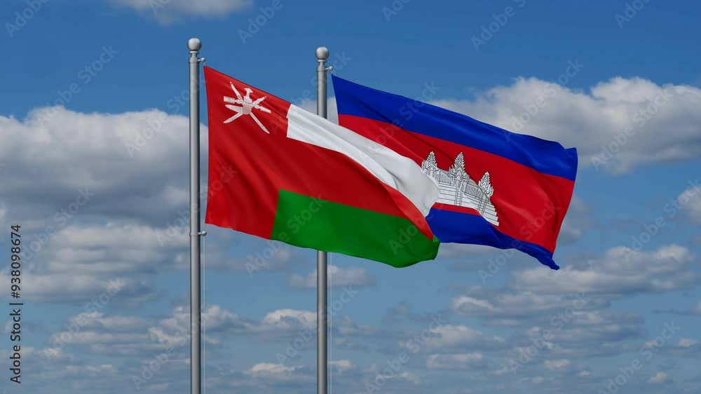 Cambodia and Oman flags flying together, video concept of the relationship, two country relations concept Cambodia and Oman flags flying together, video concept of the relationship, two country relations concept
