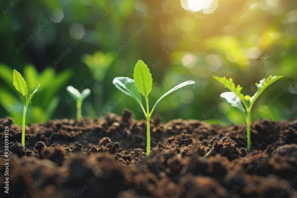 A close-up of young green sprouts pushing through rich dark soil against a bright blurred green background. A close-up of young green sprouts pushing through rich dark soil against a bright blurred green background.