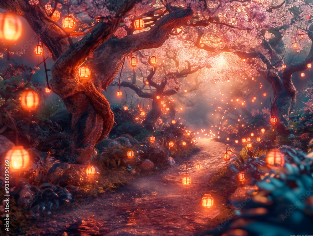 A forest with trees lit up with lanterns