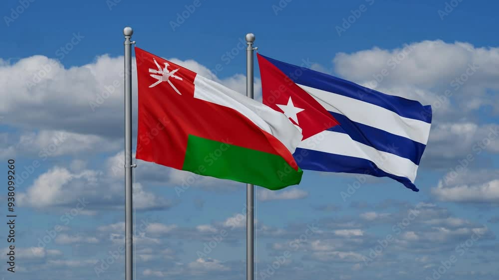 Cuba and Oman flags flying together, video concept of the relationship, two country cooperation concept Cuba and Oman flags flying together, video concept of the relationship, two country cooperation concept