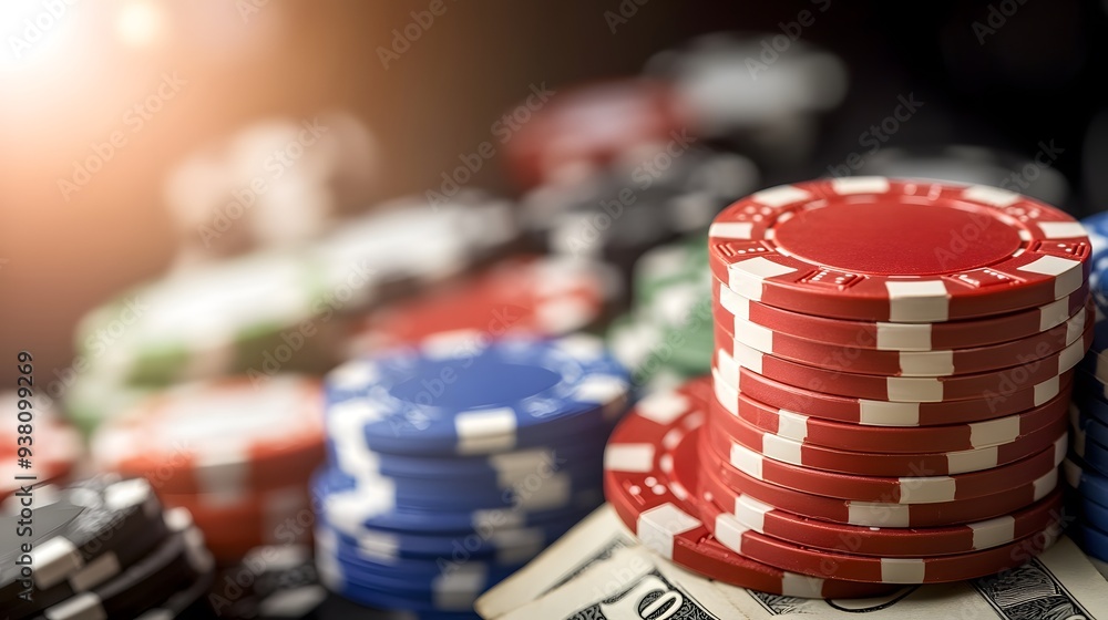 Close-up of colorful casino poker chips stacked on dollar bills, capturing the excitement of gambling and high-stakes play. Close-up of colorful casino poker chips stacked on dollar bills, capturing the excitement of gambling and high-stakes play.