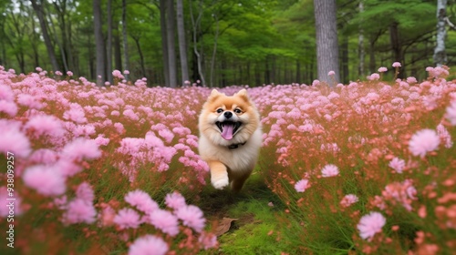 A cute dog runs through a field with flowers. photo