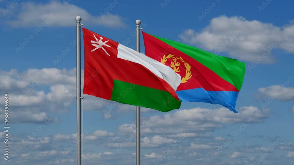 Eritrea and Oman flags flying together, video concept of the relationship, two country cooperation concept Eritrea and Oman flags flying together, video concept of the relationship, two country cooperation concept