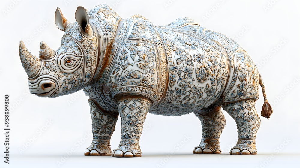 Fototapeta premium 119. **A detailed 3D render of a ceramic tile art depicting a majestic rhinoceros with intricate designs, isolated on a white background