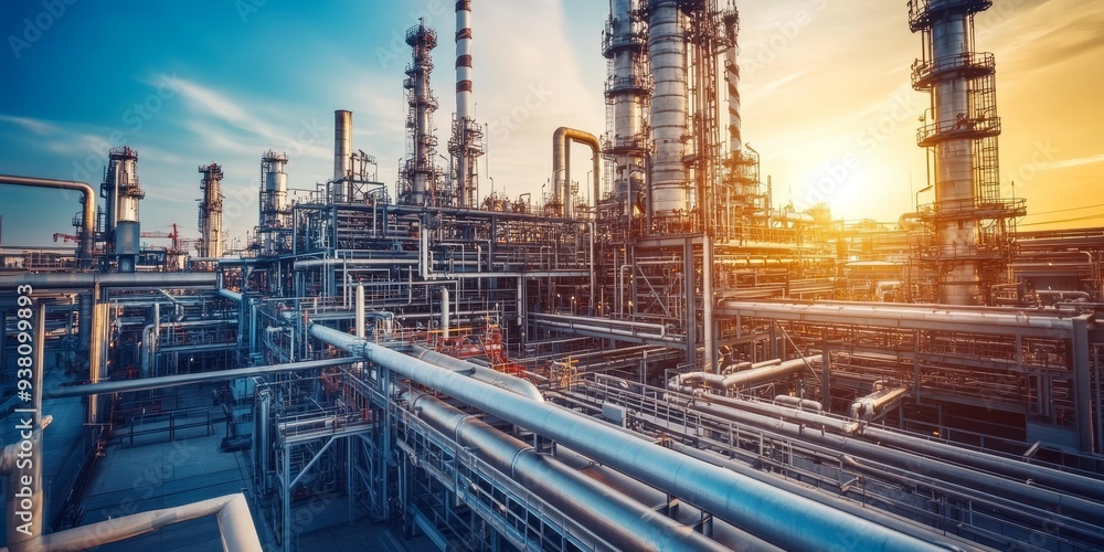 Network of steel pipelines in an oil refinery, surrounded by industrial towers and machinery, under clear skies, metallic and intricate Network of steel pipelines in an oil refinery, surrounded by industrial towers and machinery, under clear skies, metallic and intricate