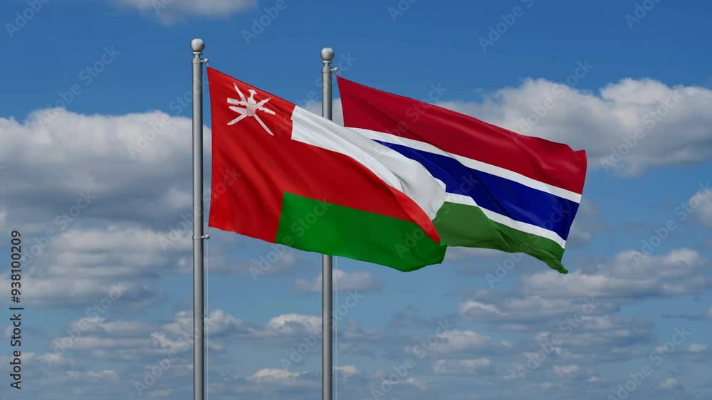 Gambia and Oman flags flying together, video concept of the relationship, two country relations concept Gambia and Oman flags flying together, video concept of the relationship, two country relations concept
