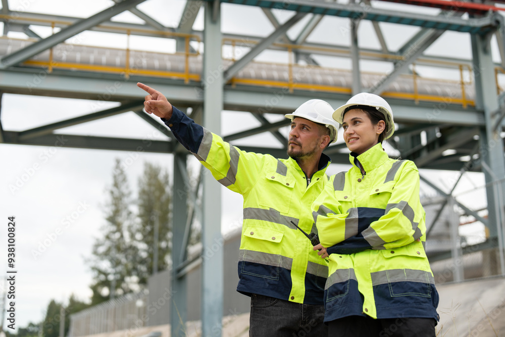 Male and female petrochemical engineers working at petroleum refinery. Workers survey pipelines for oil and gas in power plant energy industry manufacturing. Male and female petrochemical engineers working at petroleum refinery. Workers survey pipelines for oil and gas in power plant energy industry manufacturing.