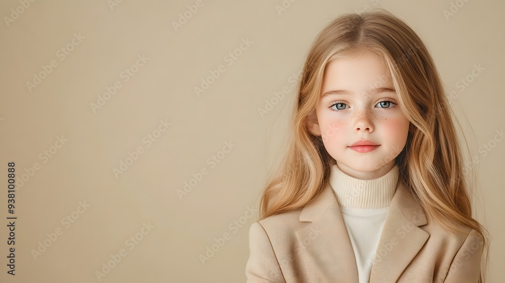A confident young girl poses elegantly in a beige blazer, showcasing poise and grace against a soft neutral background. A confident young girl poses elegantly in a beige blazer, showcasing poise and grace against a soft neutral background.