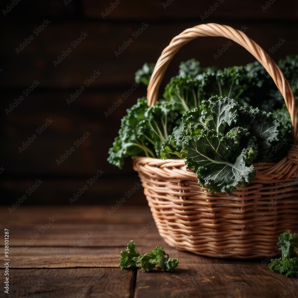 Fresh organic curly kale leaves in a rustic basket on a brown wooden table with a dark wooden background Fresh organic curly kale leaves in a rustic basket on a brown wooden table with a dark wooden background