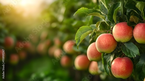 A beautiful close-up of ripe apples hanging on a tree branch in a sunlit orchard during harvest season.