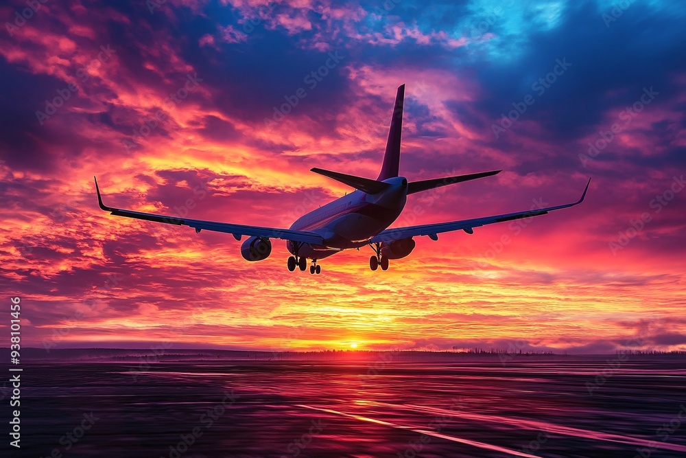 Airplane Landing at Sunset with Dramatic Sky Airplane Landing at Sunset with Dramatic Sky