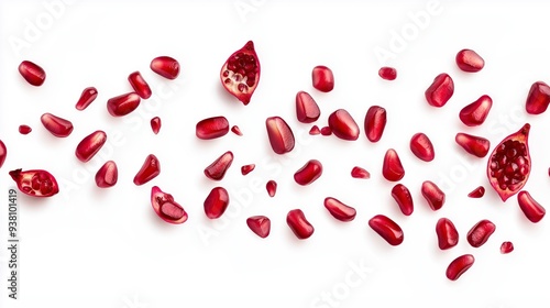 Scattered pomegranate seeds and pieces on white background.