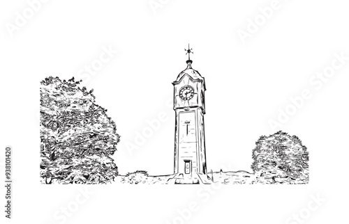 Print Building view with landmark of Stirling is the city in UK. Hand drawn sketch illustration in vector.