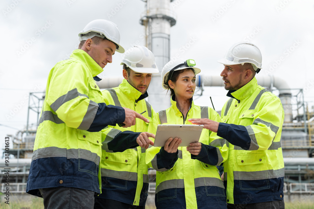 Diverse group of petrochemical engineers looking at on tablet and discussing inspection and maintenance plans for pipelines for oil and gas at petroleum refinery, power plant energy industry. Diverse group of petrochemical engineers looking at on tablet and discussing inspection and maintenance plans for pipelines for oil and gas at petroleum refinery, power plant energy industry.