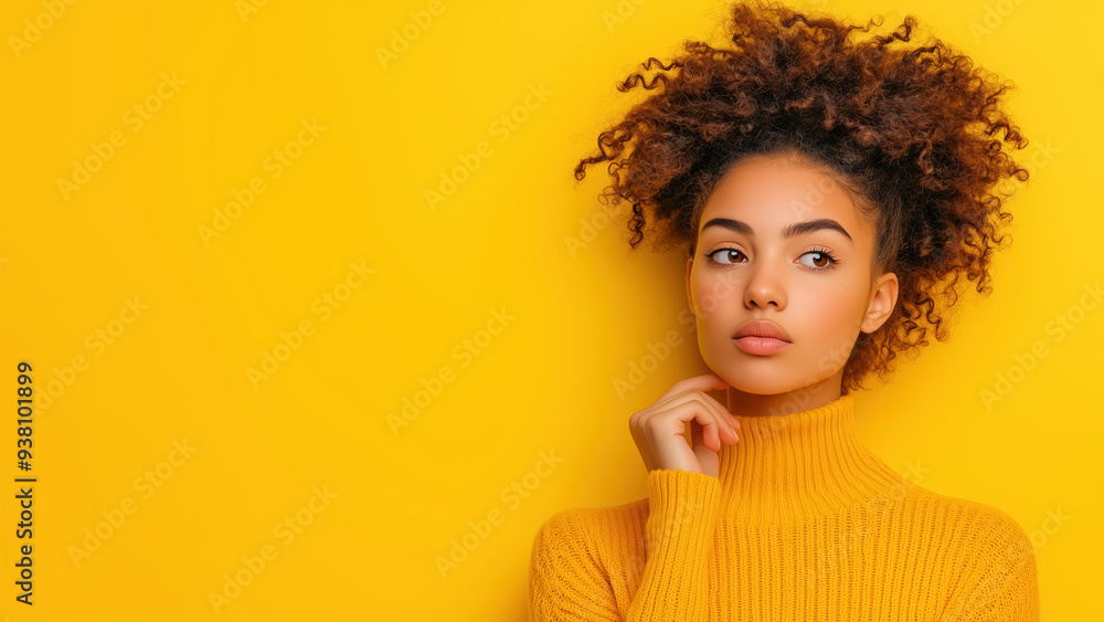 Portrait of a young woman in a yellow sweater against a vibrant yellow background, radiating confidence. Portrait of a young woman in a yellow sweater against a vibrant yellow background, radiating confidence.
