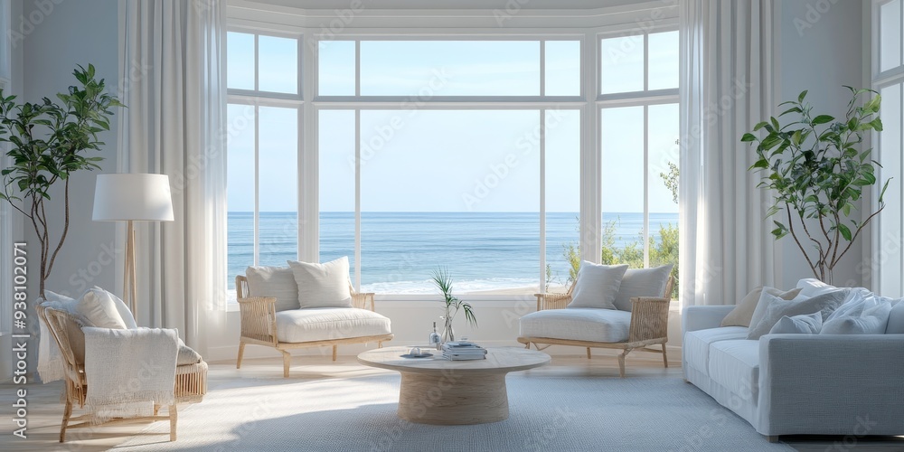Cozy coastal living room with minimalist furniture, soft neutral colors, large bay window overlooking a serene ocean view, 3d render Cozy coastal living room with minimalist furniture, soft neutral colors, large bay window overlooking a serene ocean view, 3d render