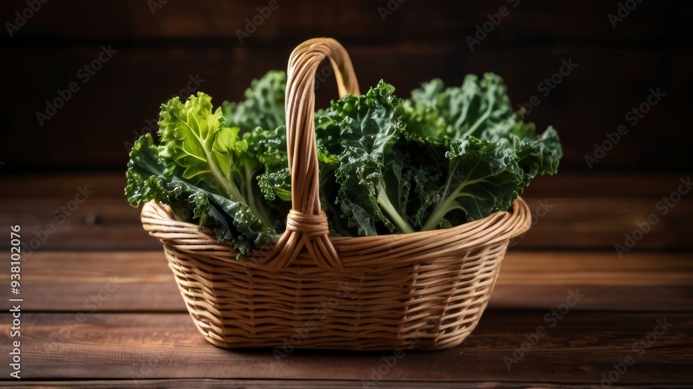 Fresh organic curly kale leaves in a rustic basket on a brown wooden table with a dark wooden background Fresh organic curly kale leaves in a rustic basket on a brown wooden table with a dark wooden background