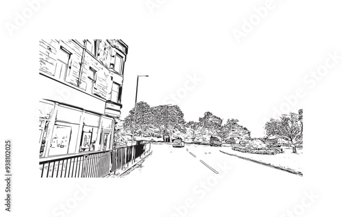 Print Building view with landmark of Stirling is the city in UK. Hand drawn sketch illustration in vector.