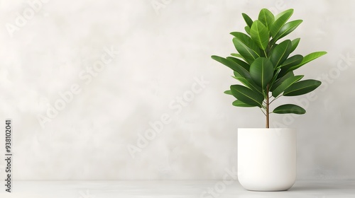 A stylish indoor plant in a modern white pot, adding a touch of greenery to any space against a textured gray wall.