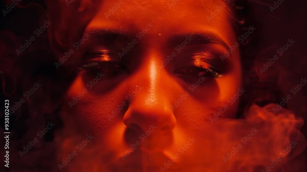 Model showcasing a captivating pose surrounded by dramatic red smoke effects