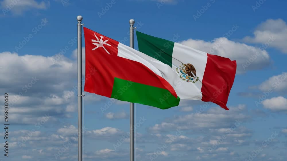 Mexico and Oman flags flying together, video concept of the relationship, two country relations concept Mexico and Oman flags flying together, video concept of the relationship, two country relations concept