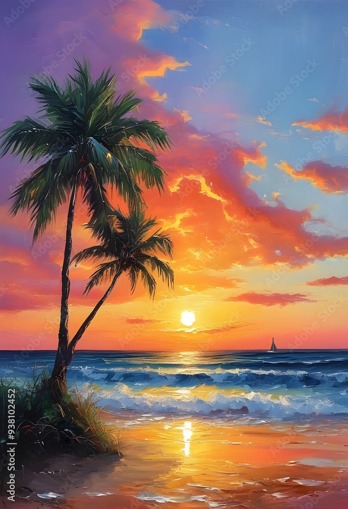A beach scene at sunset oil painting art A beach scene at sunset oil painting art