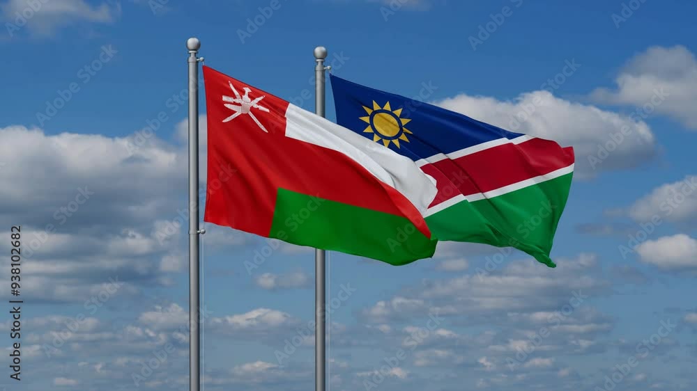 Oman and Namibia flags flying together, video concept of the relationship, two country relations concept Oman and Namibia flags flying together, video concept of the relationship, two country relations concept