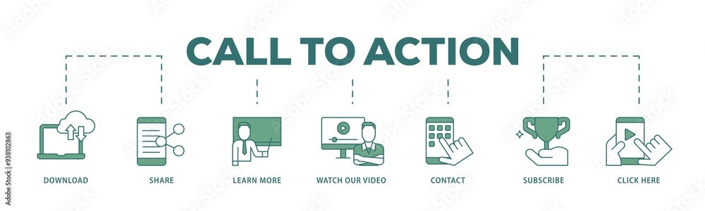 Call to action icon infographic illustration concept with icon of click here, watch our video, subscribe, contact, learn more, share, download icon png and easy to edit Call to action icon infographic illustration concept with icon of click here, watch our video, subscribe, contact, learn more, share, download icon png and easy to edit