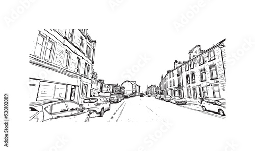 Print Building view with landmark of Stirling is the city in UK. Hand drawn sketch illustration in vector.