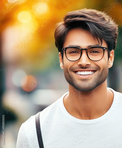 Cheerful young man enjoying a sunny afternoon stroll through a vibrant autumn park with yellow leaves and a bright smile