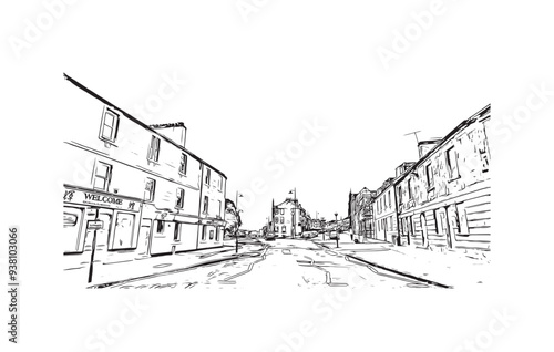 Print Building view with landmark of Stirling is the city in UK. Hand drawn sketch illustration in vector.