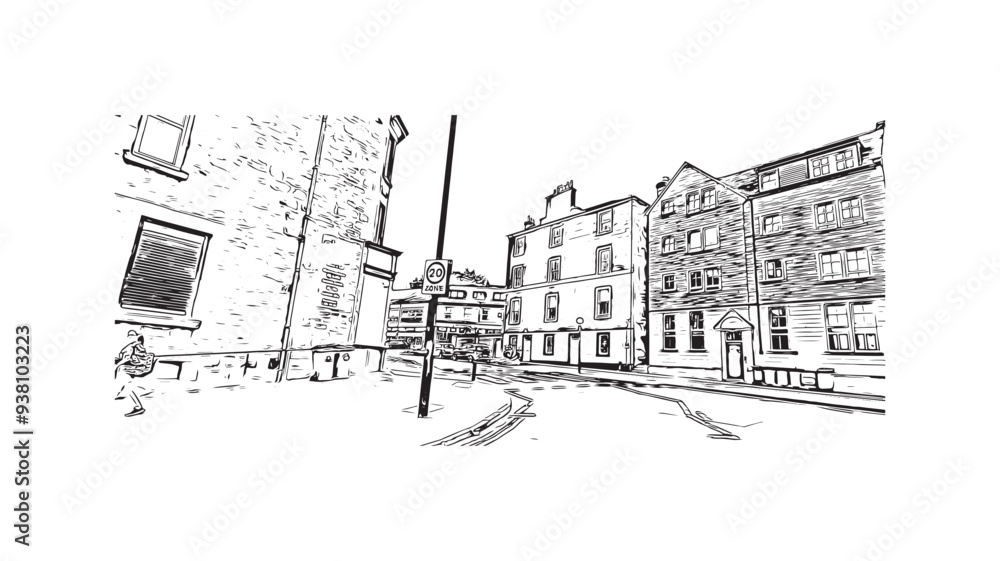 Obraz premium Print Building view with landmark of Stirling is the city in UK. Hand drawn sketch illustration in vector.