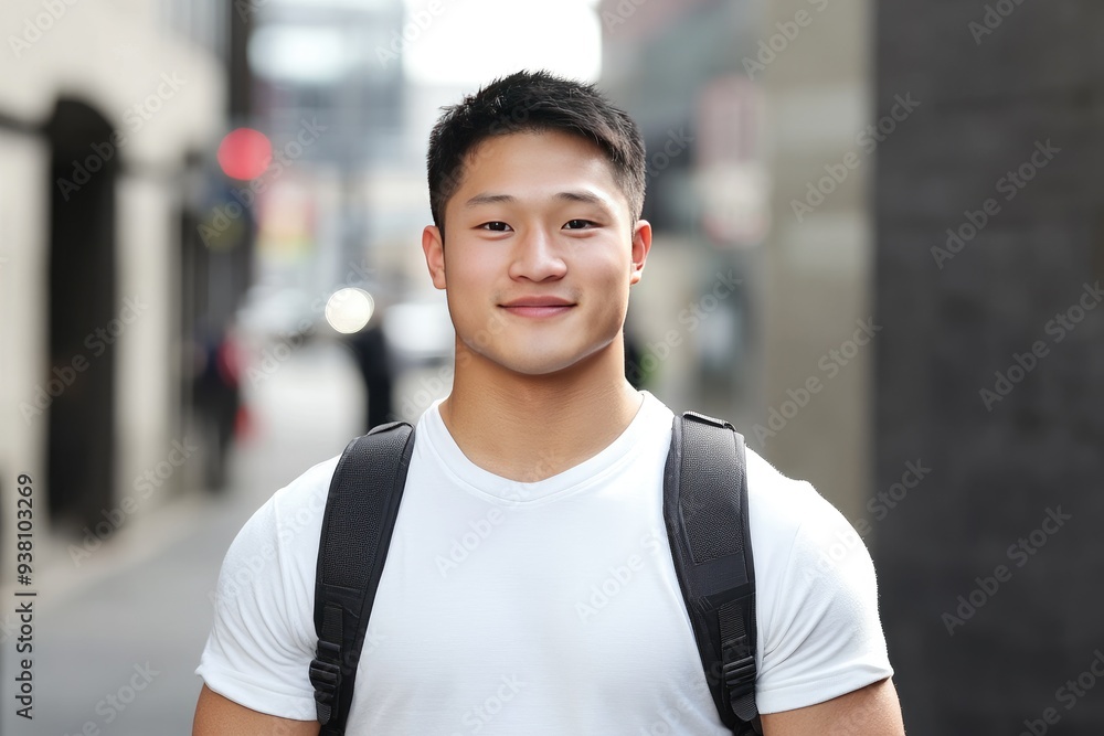 Cheerful young Asian man walking confidently along a bustling city street, enjoying a sunny day while carrying a backpack and smiling brightly Cheerful young Asian man walking confidently along a bustling city street, enjoying a sunny day while carrying a backpack and smiling brightly
