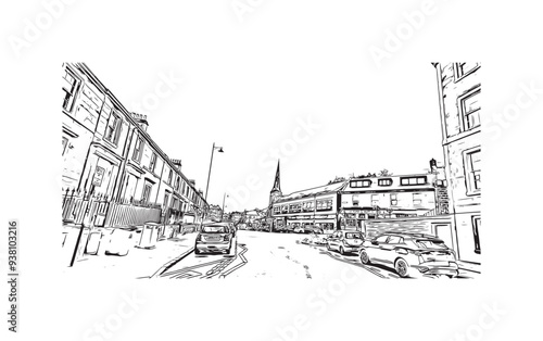 Print Building view with landmark of Stirling is the city in UK. Hand drawn sketch illustration in vector.