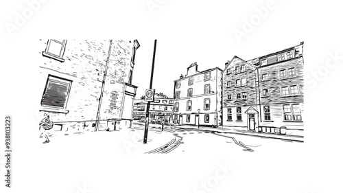 Print Building view with landmark of Stirling is the city in UK. Hand drawn sketch illustration in vector.