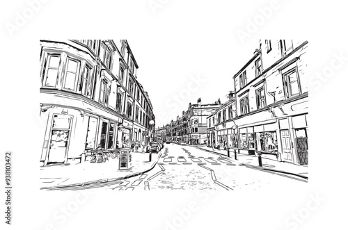 Print Building view with landmark of Stirling is the city in UK. Hand drawn sketch illustration in vector.