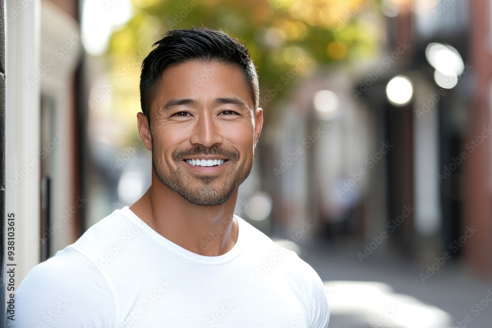 A bright and cheerful moment featuring a smiling Asian male in a white t-shirt against a vibrant urban backdrop during a sunny afternoon A bright and cheerful moment featuring a smiling Asian male in a white t-shirt against a vibrant urban backdrop during a sunny afternoon