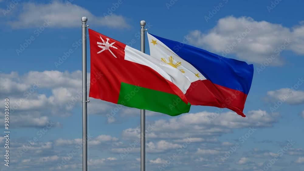 Philippines and Oman flags flying together, video concept of the relationship, two country cooperation concept Philippines and Oman flags flying together, video concept of the relationship, two country cooperation concept