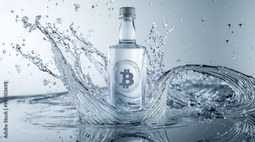 bottle in water with splash and bitcoin logo bottle in water with splash and bitcoin logo