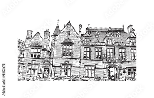 Print Building view with landmark of Stirling is the city in UK. Hand drawn sketch illustration in vector.